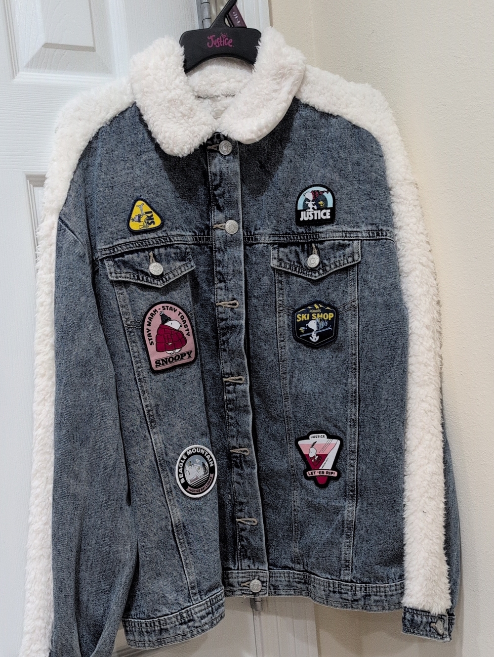 Justice Girls' Gray Sherpa-Trim Denim Jacket with Patches